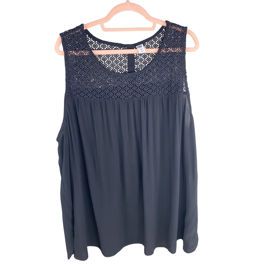 Old Navy Womens Crochet Lace Yoke Tank Top XXL Black Boho Flowy‎ Witchy Goth
